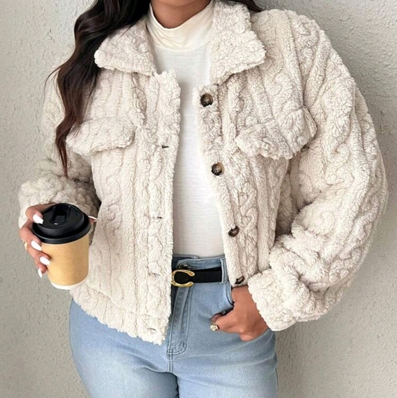 Jackets & Blazers - Plus Size Women's Solid Color Turndown Collar Long Sleeve Fleece Casual Jacket